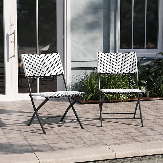EMMA + OLIVER Black/White Folding Bistro Chairs, 2-Pack