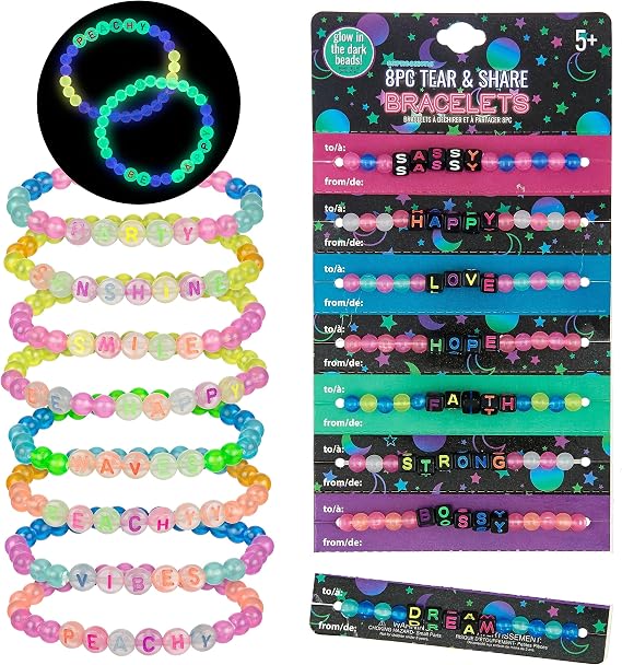 16pc Glow in the Dark Tear & Share Bracelets - Colorful Letter Beaded