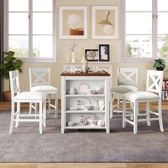 KLMM Retro Farmhouse 5 Pieces Counter Height Dining Table Set with 4 Chairs,Wooden Bar Table Set with 3-Tier Shelves,for Small Places Kitchen Restaurant (White@t)
