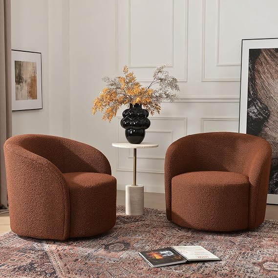 KINWELL 34" W No Assembly Boucle Swivel Barrel Chairs Set of 2, Brown