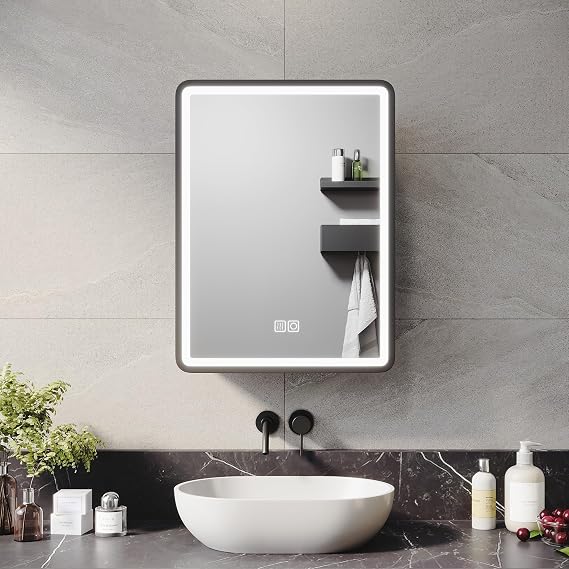 ELEGANT 450x600mm LED Bathroom Mirror Cabinet with Shaver Socket, Wall Mounted with Touch Button 3 Colour Light and Demister - Stainless Steel Black