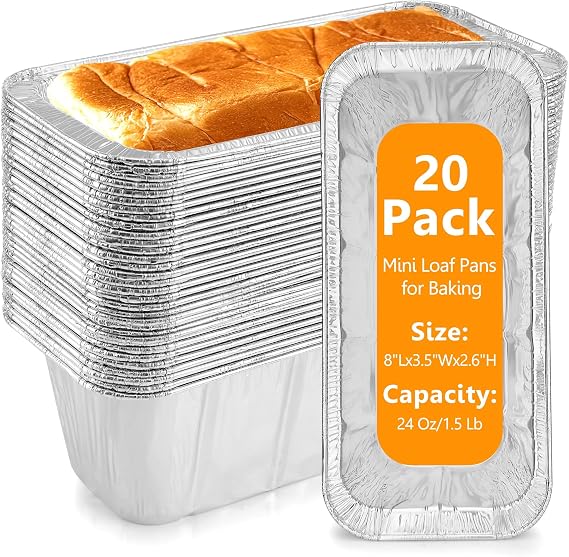 Mini Loaf Pans 1Lb 20-Pack,Aluminum Foil Heavy Duty Disposable Bread Baking Pan Bread Tins for Baking Cakes, Breads,Meatloafs Size-8"x 3.5" x 2.5" (20 Packs)