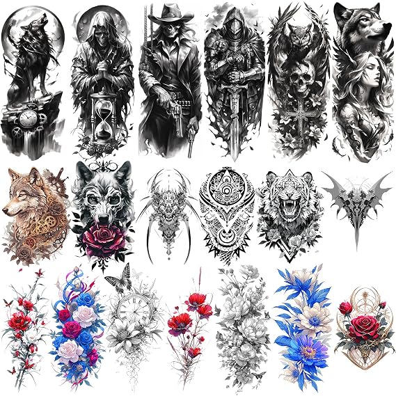 19 Sheets Temporary Tattoo for Men Women Adults, Black 3D Flower Half Sleeve Temporary Tattoos, Christmas Tattoos Scary Lion Wolf Tiger Skull Skeleton Tattoos Stickers for Summer BBQ Pool Beach Party