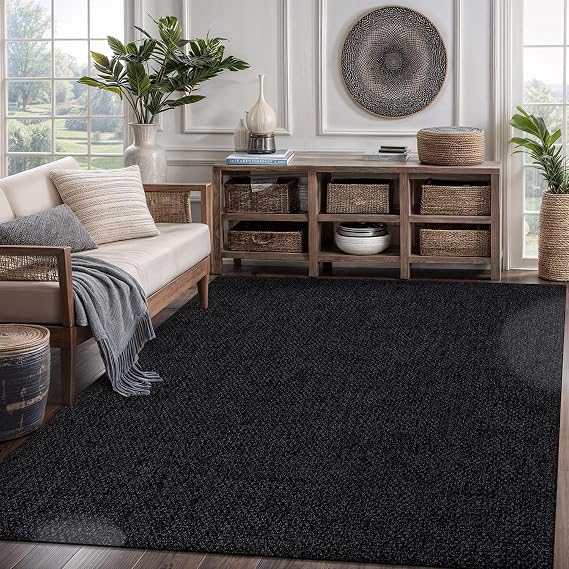 Easy Jute Rug 6x9, Indoor Outdoor Dark Gray Black Farmhouse Area Rugs for Living Room Patio and Kitchen Rug, Solid Boho Woven Design, Easy-Cleaning, Washable Outside Carpet Alfombras (6 x 9)