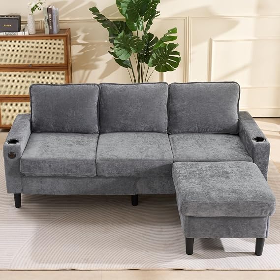 L-Shaped Couch Sofa, Corner Sofa 3 Seater Sofa, Sectional Sofa Couches With USB, Cup Holder, For Apartment Living Room (Grey)