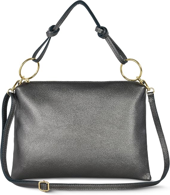 Italian Metallic Calf Leather Shoulder Bag for Women | Rectangular Handbag with Zipper Top Handle & Crossbody Strap (Anthracite)