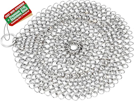 AMAGABELI GARDEN & HOME 7x7 Cast Iron Cleaner 316L Stainless Steel Chainmail Scrubber for Griddle Skillet Dutch Oven Wok Grills Stainless Steel Pot Cast Iron Pan