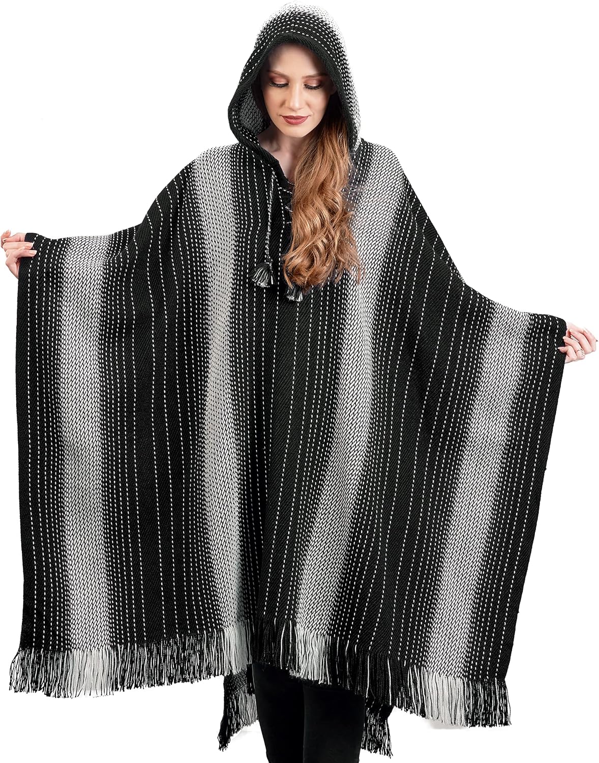 INTI ALPACA Alpaca Hooded Poncho for Women- Hippie Cloak Cape with hood - WomensTraditional Serape knitted with alpaca wool