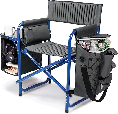 PICNIC TIME Fusion Camping Chair with Side Table and Soft Cooler, Outdoor Foldable Padded Camping Chairs with Cup Holder for Lawn, Beach, Sports Use for Adults, Dark Gray Blue Accents