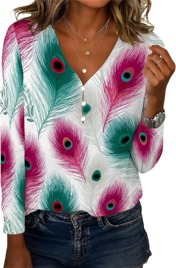 Long Length Sleeve Womens Tops Fall Henley V Neck Button Down Floral Print T Shirts Plus Size Work Office Blouses