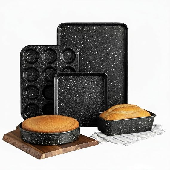 Granitestone Black 6 Pc Stackable Nonstick Bakeware Set With Oven Pans, Baking Sheet, Wire Rack - Complete Kitchen Baking Set, Oven/Dishwasher Safe, 100% Non Toxic