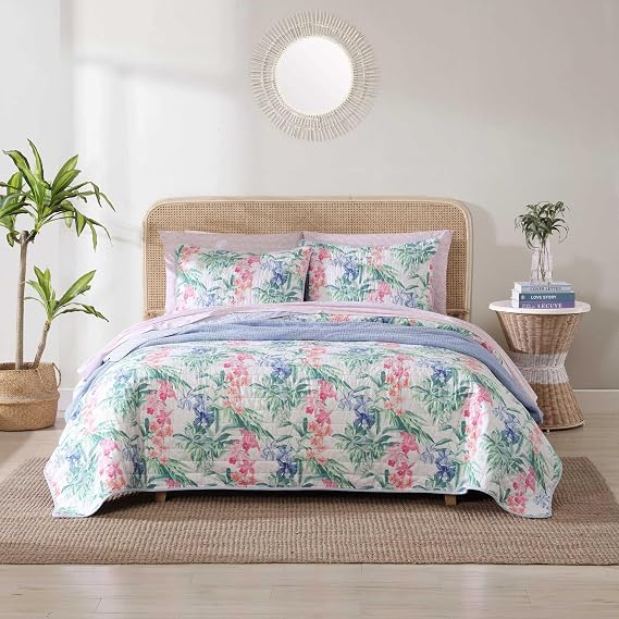 Tommy Bahama - Queen Quilt Set, Reversible Cotton Bedding with Matching Shams, Colorful Botanical Home Decor (Island Orchid Pink, Queen)