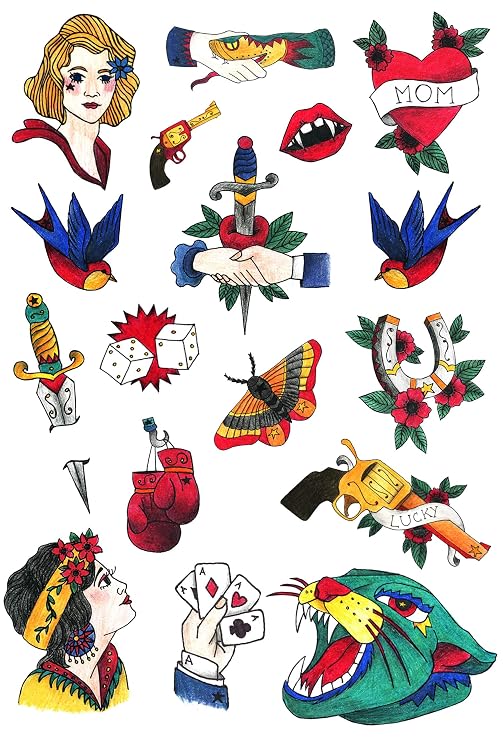 Old School Temporary Tattoo Set by Tatsy, Original Cool Oldschool Vintage Design, Party Fun Tattoos, Fake Tattoo Body Art Cover Up for Men and Women, Unique Drawings