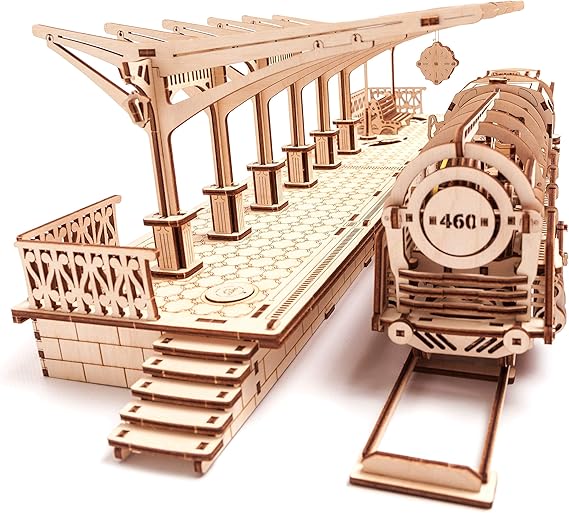 Ugears Bundle Locomotive and Railway Platform Mechanical 3D Puzzle Eco DIY Brainteaser Teens Toys