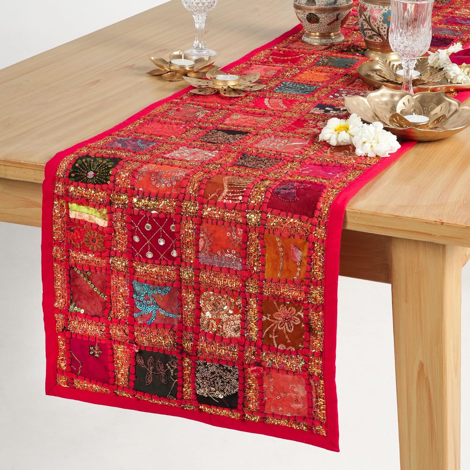RAJRANG Lollipop Red Table Runner 40 x 182 cm Hand Embroidered Colorful Patchwork Boho Bohemian Decorative Cotton Cloth Placemat for Living Room Wedding Party Decor