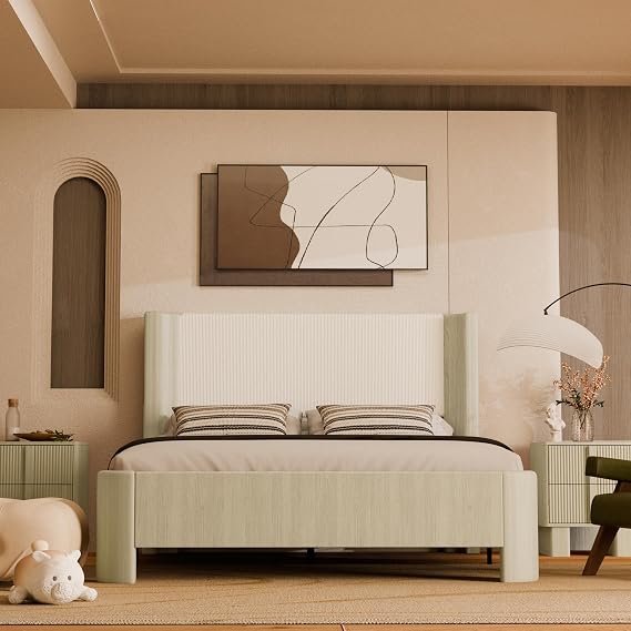 Modern Upholstered Bed Frame with LED-Enhanced Wingback Headboard, Featuring Realistic Wood Grain Upholstery in Whitewashed Oak, King
