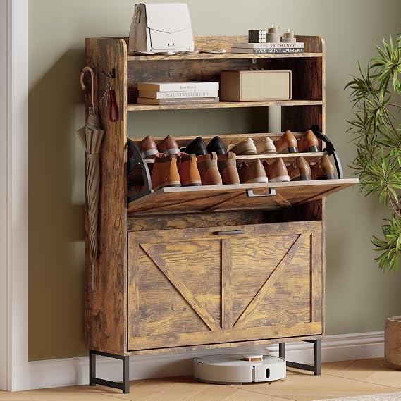 Xixini Shoe Storage Cabinet with 2 Flip Drawers, Entryway Shoe Rack, Brown