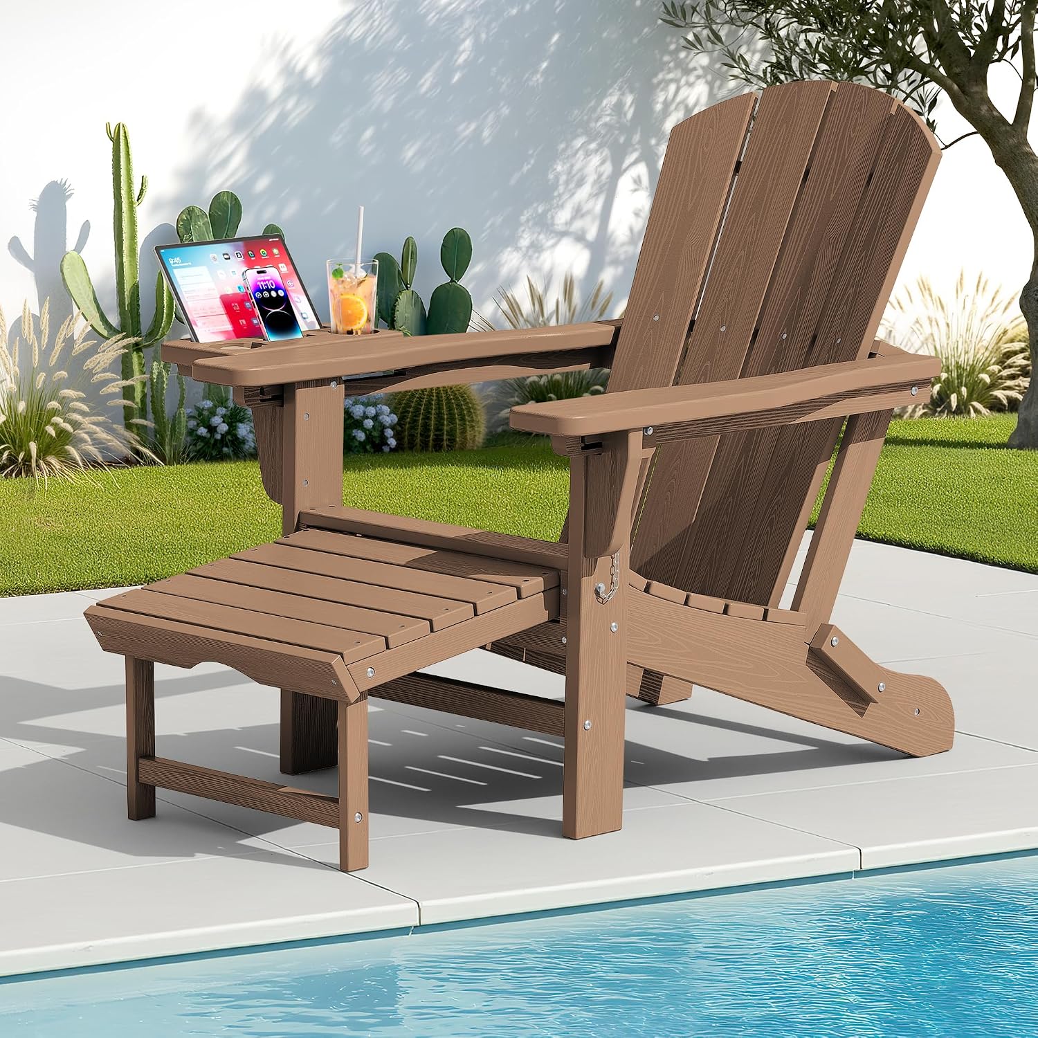 KINGYES Adjustable Folding Adirondack Chair with Footrest & 4-in-1 Multi-Functional Armrest Organizer, HDPE Foldable Reclining Adirondack Chair with Pull-Out Ottoman, Brown