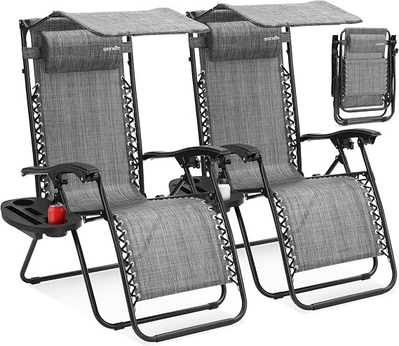 SereneLife Zero Gravity Chairs Set of 2 - Adjustable Outdoor Lounge Chairs with Side Table, Cup Holders, Removable Pillows, Folding Portable Patio, Backyard, Poolside, Beach Camping Chairs - Color