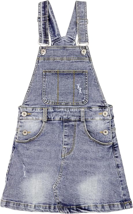 KIDSCOOL SPACE Girls Denim Skirt,6-14T Little Big Girls Ripped A-line Jean Overall Dress