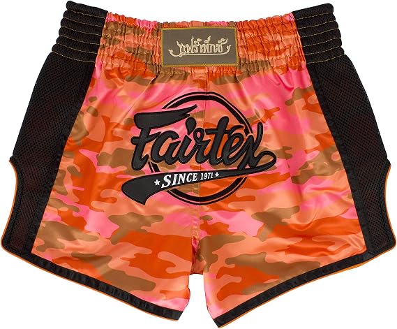 Fairtex Slim Cut Muay Thai Boxing Shorts - BS1711 (Orange Camo, Small) | Premium satin fabric featuring custom thematic graphics. Elastic waistband with drawstring delivers a secure training fit