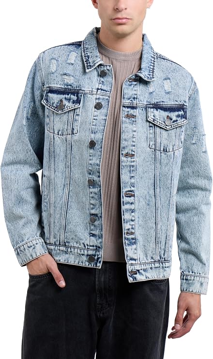 X RAY Mens Denim Jacket, Washed Ripped Distressed Flex Stretch Casual Trucker Biker Jeans Jacket for Men