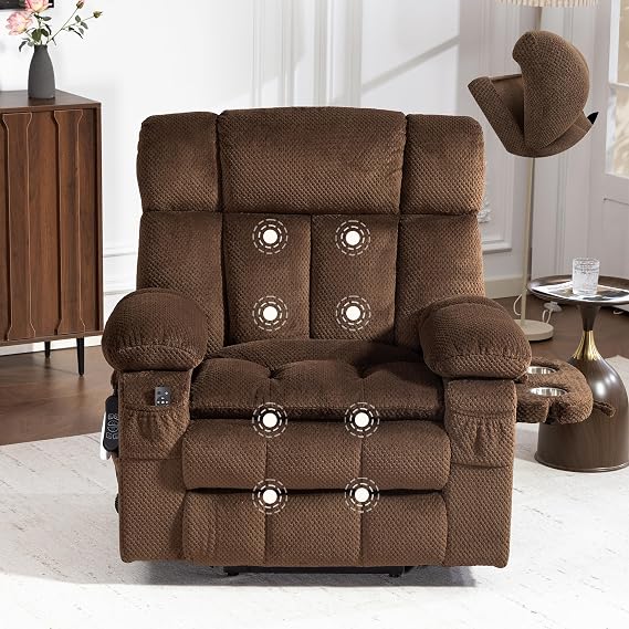 Power Lift Recliner Chair for Elderly with Adjustable Headrest,Oversized Extra Wide Lift Chair with Massage,Lay Flat Recliners with Extended Footrest,Cup holder,Storebox,USB&Type-C Ports,Brown