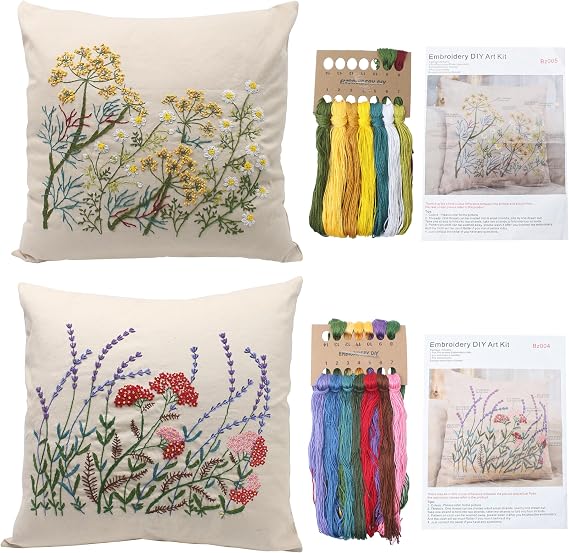 2 Set of Embroidery Pillow Kit Including Pillowcase Cover Cushion Case with Large Drawings and Zipper, Threads, Needles & Instruction Kits for Lace Crewel Craft, No Pillow Core (Lavender)