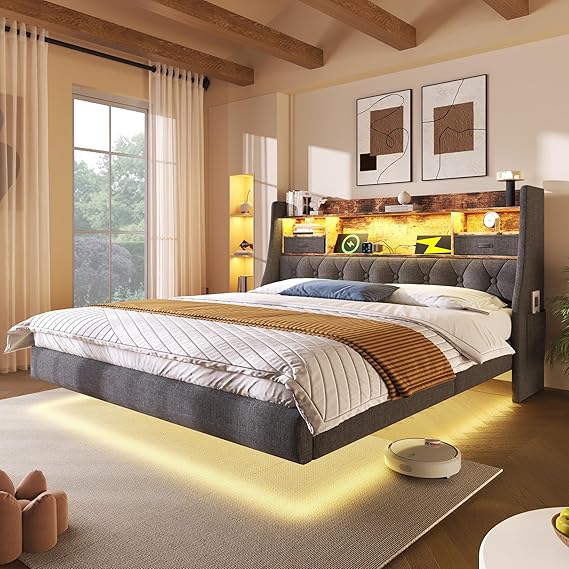 Merax 5FT King Size Bed Frame with LED Lighting, Upholstered Linen Floating Bed with USB & Type-C Charging, Storage Headboard, Metal Slatted Base, 150 x 200 cm, Grey (No Mattress)