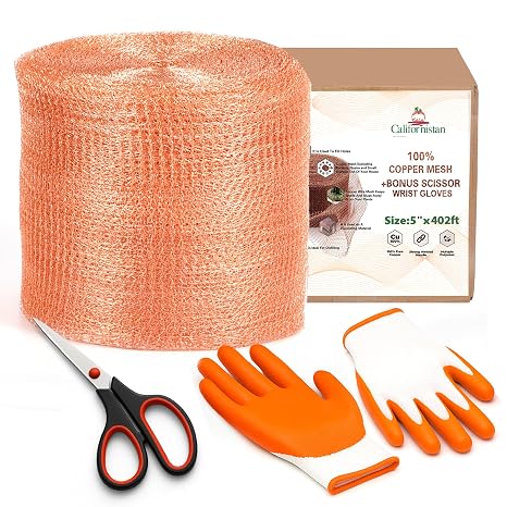 Copper Mesh Rodent Control Roll, 5 in x 402 ft, with Scissors and Gloves