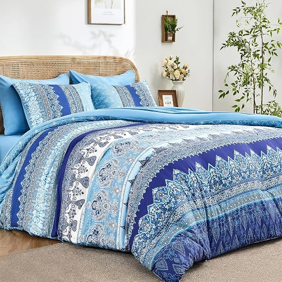 Boho Queen Comforter Set Blue - 7 Pieces Bed in a Bag Floral Striped Comforter and Sheet Set, Soft Microfiber Bohemian Bedding Sets Queen Size for All Season (Blue,Queen)