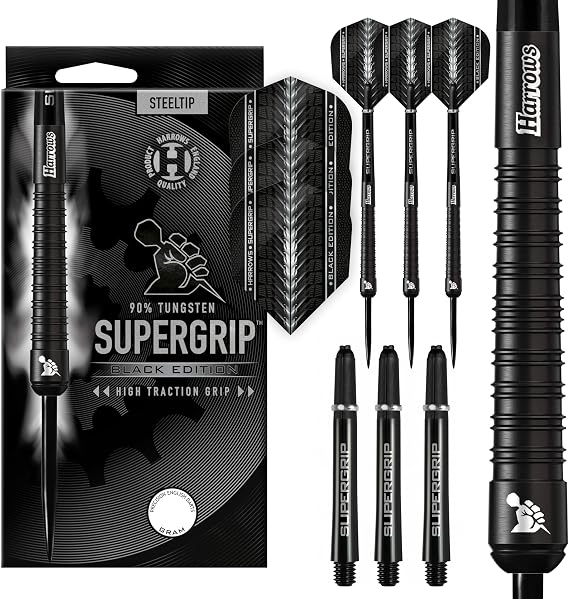Harrows SUPERGRIP Black Edition 90% Tungsten Steel Tip Darts Set. Available in 21g, 22g, 23g, 24g, 25g, 26g, 28g & 30g - Includes Supergrip Shafts & Supergrip Flights