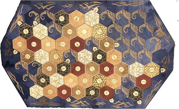 5-6 Player Blue Stained Wood Game Board With Custom Laser Etched Terrain, Border and Number Tokens Compatible with Settlers of Catan Wooden Board Game