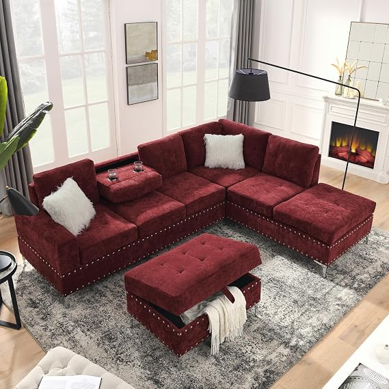 Living Room Furniture Sets, L-Shape Sectional 5-Seater Sofa with Extra Wide Reversible Chaise, Storage Ottoman and Cup Holders and Copper Nails, 2 Pillows, Claret