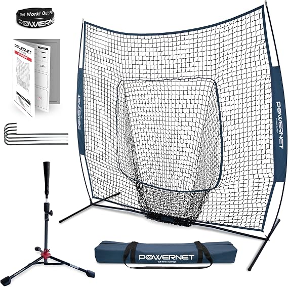 PowerNet Baseball Softball Practice Net 7x7 with Travel Tee | Practice Hitting, Pitching, Batting, Fielding | Portable Backstop (Navy)