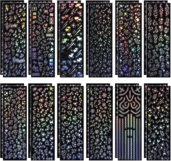 24 Sheets Holographic Deco Stickers for Photocards, Shinny Korean Photocard Stickers Self Adhesive Clear Glitter Sticker Star Moon Butterfly Musical Decals for DIY Album Scrapbook Decor