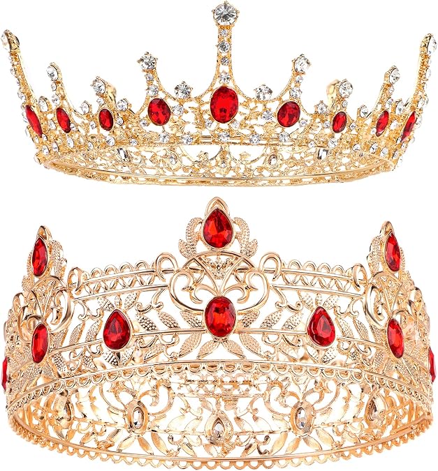 2 Pieces Prom King and Queen Crown Set King Crowns for Men Royal Crown with Red Rhinestone Crystal Crowns for Men Women Princess Tiara Costume Headwear for Wedding Birthday Party Costume