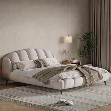 King Size Upholstered Platform Bed Chenille Thick Headboard and Footboard, Shell-Shape Design Beds, Beige