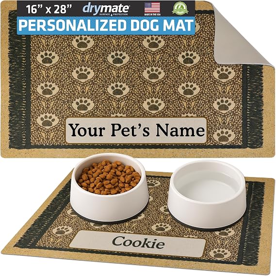 Drymate Personalized Pet Bowl Placemat, Custom Dog & Cat Food Feeding Mat - Absorbent Fabric, Waterproof Backing - Machine Washable/Durable (USA Made) (16" x 28") (Brown Paw Braid)