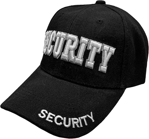 Security Hat Baseball Cap - White Embroidery Security Front & Bill - Hook & Loop Adjustable Size