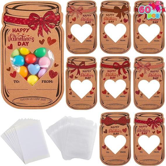 JOYIN 60 Pcs Valentine's Day Mason Jar Greeting Cards with Stand-Up Plastic Treat Bags, 6 Designs 5.9'' Bulk Valentine Candy Holder Cards, Classroom Exchange, Card Party Favor (Candy Not Included)