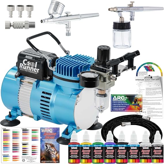 Master Airbrush Cool Runner II Air Brush Kit with Dual Fan Compressor & 2 Airbrushes - Includes 6 Primary Acrylic Paint Colors Artist Set, How-To Guide, Color Chart & Hose