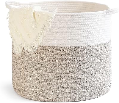 Laundry Hamper,Blanket Basket in Living Room Decor,Pure Cotton Rope Woven Basket for Dirty Clothes,Storage Basket for Nursery Bin,Baby Toy Storage,15.5  13.5 inches-40L White & Brown Mixed