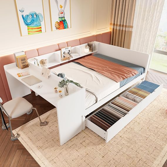 Flat Bed, Wooden Bed, with Desk, Equipped with 2 Drawers, Double Bed (without Mattress), with Shelves, Pine + Chipboard (White, 140 x 200 cm)