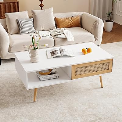 YOUGUO Boho Coffee Table for Living Room, 41.3 Rattan Coffee Table with Sliding Doors & Open Storage Shelf, Mid-Century Center Table for Small Space, White