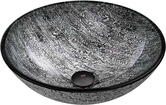 Vigo Vessel Sink Slate Grey - 17 Artistic Round Bowl Sink for Bathrooms, Tempered Glass Above Counter Bathroom Sink with NonStickShield, QuickDrain & TempGuard, Modern Luxury Design