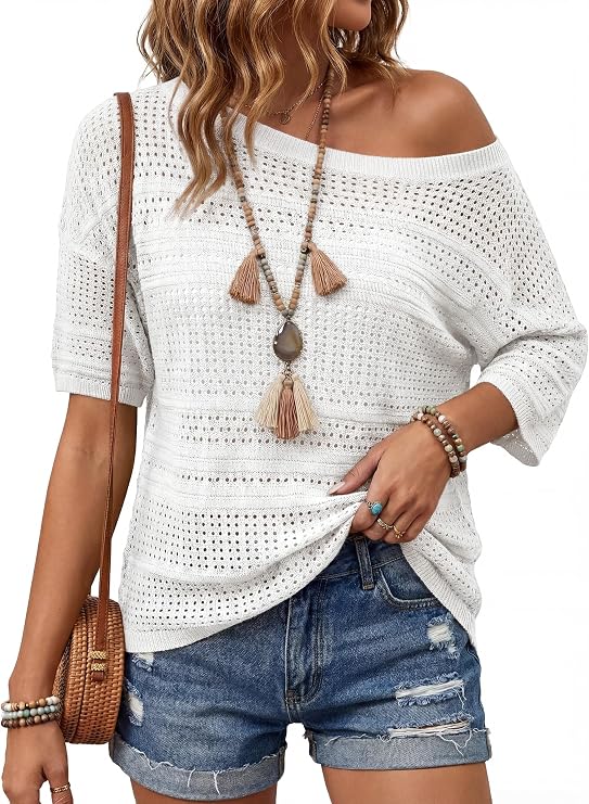 Arach&Cloz Women's Linen Blend Crochet Tops Summer Casual Outfits Sweater