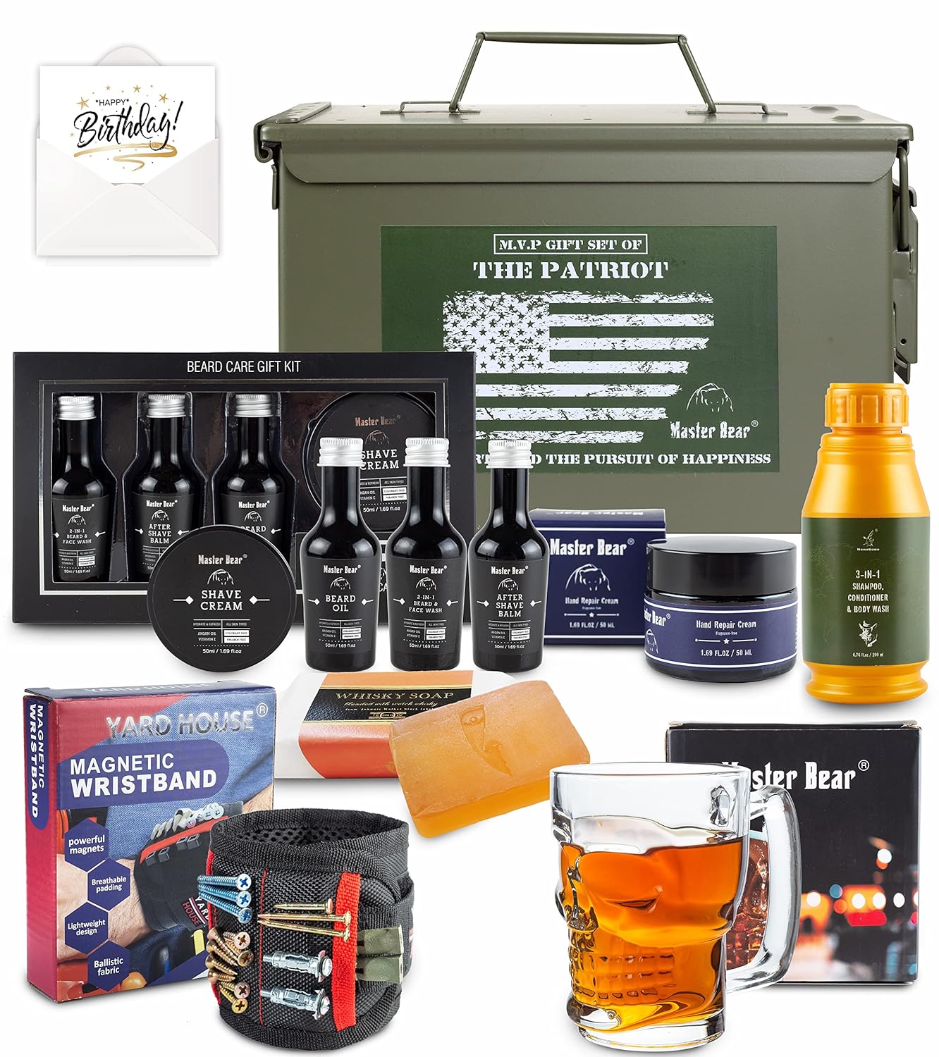 Birthday Gifts for Men | 50 Cal Metal Ammo Cans Box Shaving Grooming Set Collection for Him with Happy Bday Card