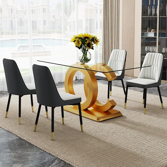 Ebullient 63'' Glass Dining Table Set for 4 Tempered Glass Table Top and Gold MDF Base Modern Rectangular Kitchen Table with 4 PU Leather Upholstered Dining Chairs Glass Kitchen Table Set