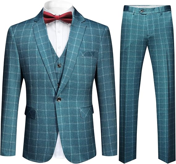 Cloudstyle Mens Plaid Modern Fit 3-Piece Suit Blazer Jacket Vest Pants Set